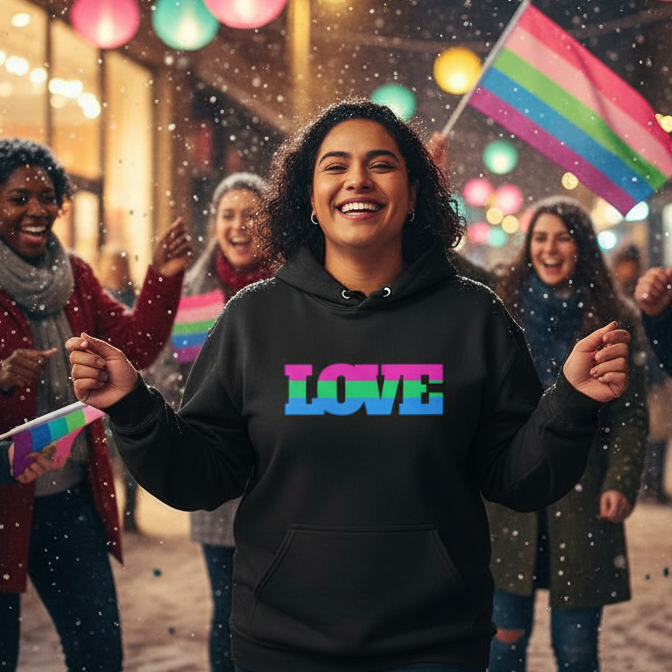 A young person joyfully poses in a Polysexual Love Unisex Hoodie, featuring bold LOVE text. They're surrounded by a celebratory group waving trans-pride flags under string-lights, embodying queer pride and empowerment.