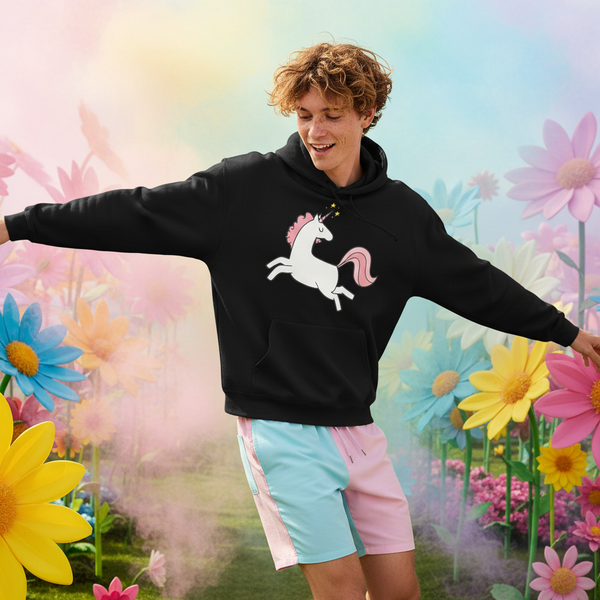 Person wearing a black hoodie with a white and pink unicorn graphic in a colorful flower field