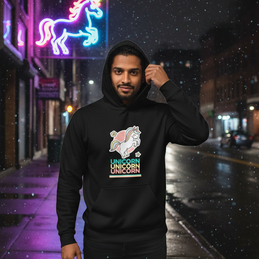 A young man wears the Unicorn Unicorn Unicorn Unisex Hoodie, showcasing a pastel unicorn graphic. The scene reflects vibrant, inclusive energy, aligning with queer pride and self-expression in a neon-lit city.
