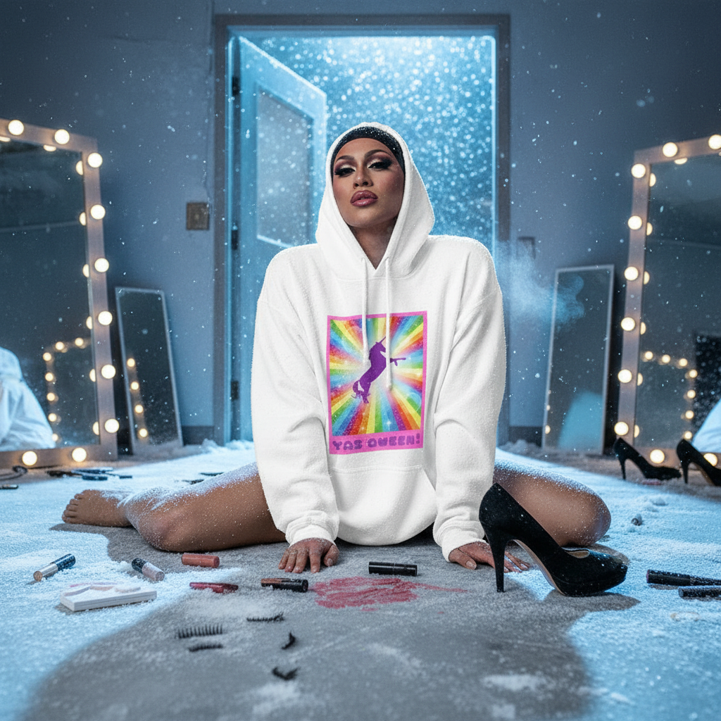 Person kneeling in a white hoodie with a rainbow unicorn graphic and “YAS QWEEN!” text