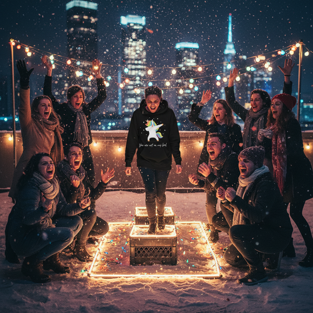 Friends gather on a snowy rooftop, celebrating around a glowing square. A person in the You Are Not On My Level Unisex Hoodie with a rainbow-tailed unicorn stands proudly, embodying queer pride and self-expression.