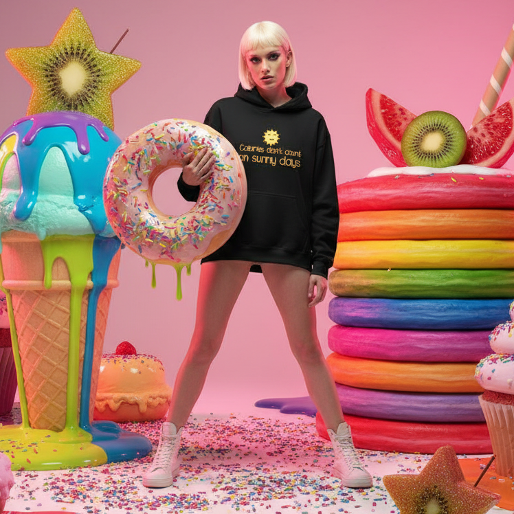Young adult in the Calories Don't Count on Sunny Days Unisex Hoodie holds a giant doughnut amidst vibrant desserts, embodying playful self-expression and queer pride in a surreal candy-themed setting.