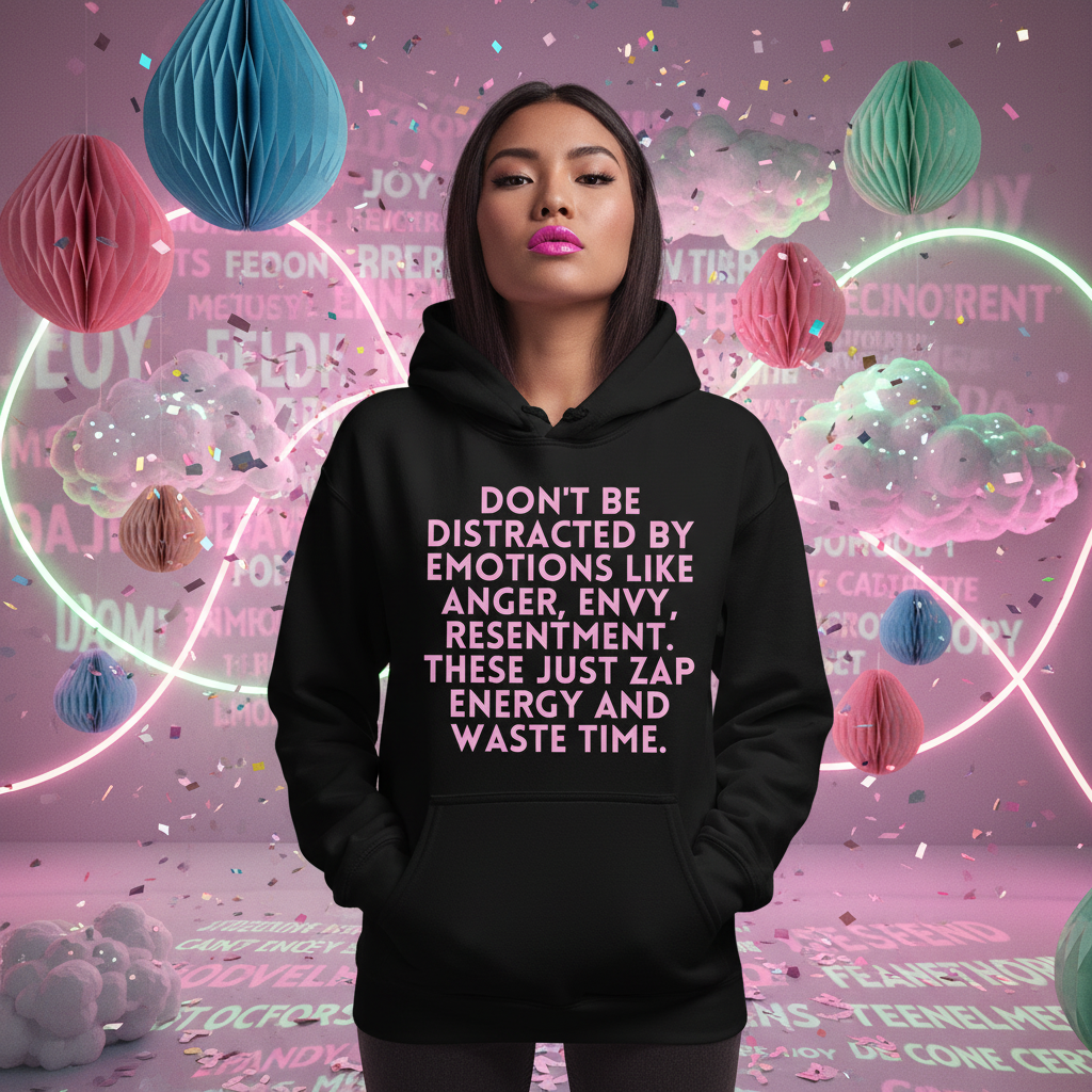 Young woman proudly wearing the Don't Be Distracted by Emotions Unisex Hoodie, exuding empowerment and self-expression. Set against a vibrant, whimsical backdrop, the hoodie embodies queer pride and inclusivity.