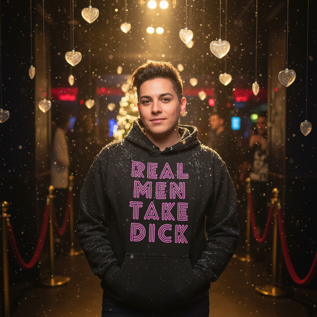 Young person in a dim lounge, wearing the Real Men Take Dick Unisex Hoodie. The bold pink lettering on a black hoodie embodies LGBTQIA+ pride, self-expression, and empowerment.