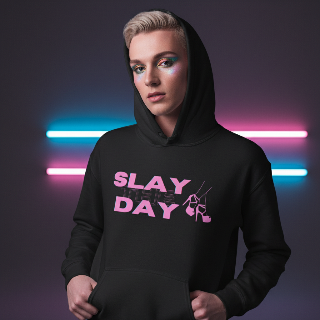 Front-facing person in a black hoodie with pink “SLAY THE DAY” text and high-heel graphics