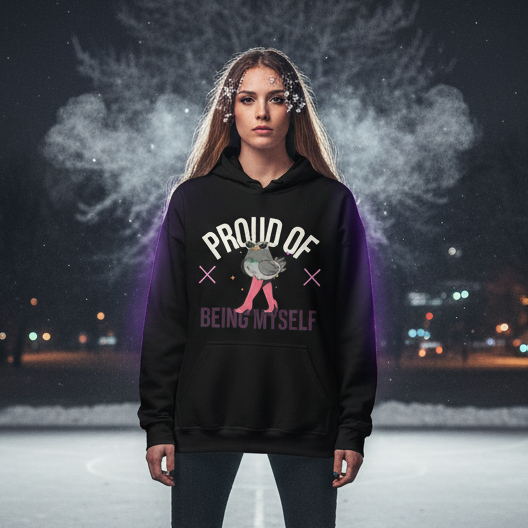 Young woman in urban night setting wearing Proud Of Being Myself Unisex Hoodie, featuring a goose illustration, embodying fierce queer pride and self-expression amidst glowing city lights and gentle snowflakes.