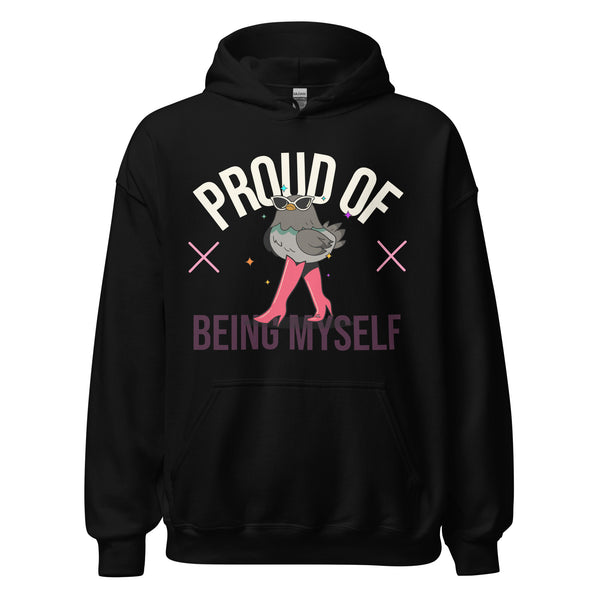 Proud Of Being Myself Unisex Hoodie featuring a cartoon bird in sunglasses and boots, with empowering text. A vibrant celebration of queer identity, perfect for expressing pride and self-confidence.