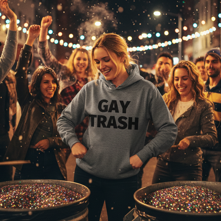 Person wearing a gray hoodie reading “GAY TRASH” at a festive, confetti-filled street party