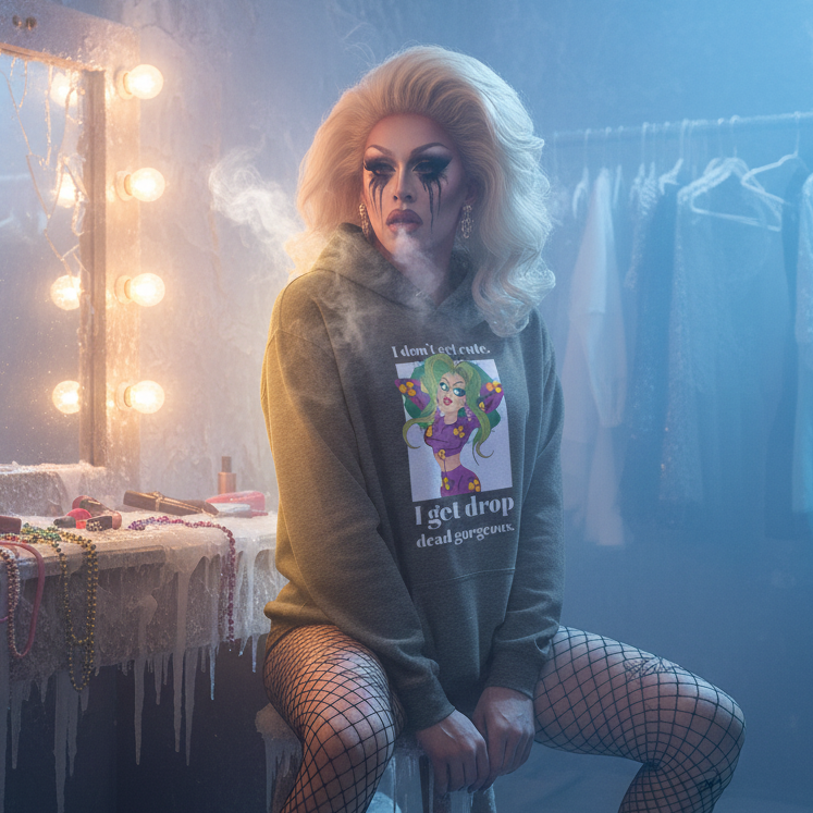 Drag performer in a dark hoodie with colorful cartoon graphic and fishnet tights, seated backstage