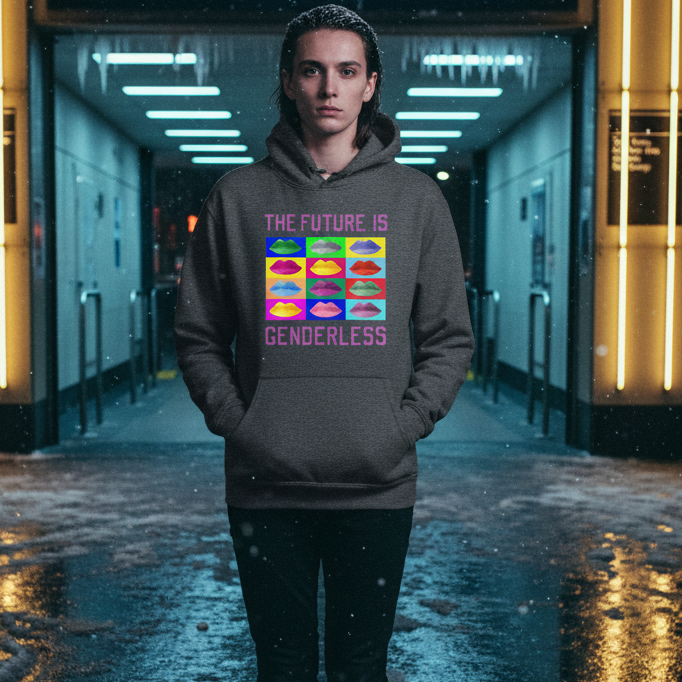 A person wears The Future Is Genderless Unisex Hoodie with pop-art lips in a night tunnel, embodying empowerment and self-expression.