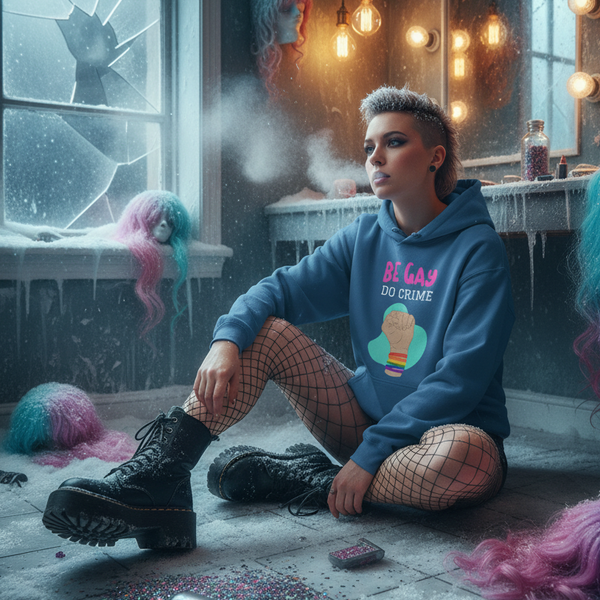 Person seated in a blue hoodie reading “BE GAY DO CRIME,” with a raised-fist graphic