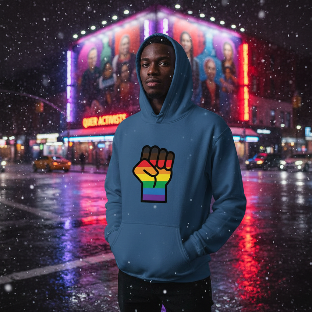 Person in a blue hoodie with a rainbow-striped raised-fist graphic, standing in falling snow