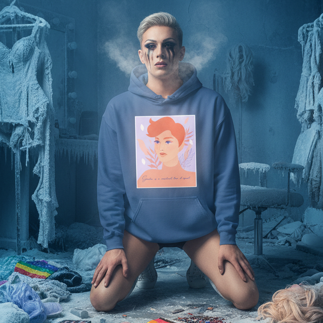 Kneeling person in a blue hoodie with a red-haired illustrated face graphic