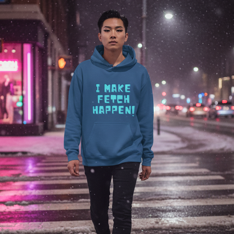 Front-facing person in a blue hoodie reading “I MAKE FETCH HAPPEN!” on a snowy city street