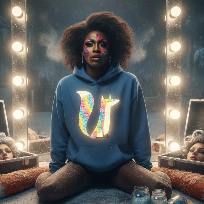 Person kneeling in a dressing room wearing a navy hoodie with a glittery rainbow fox graphic