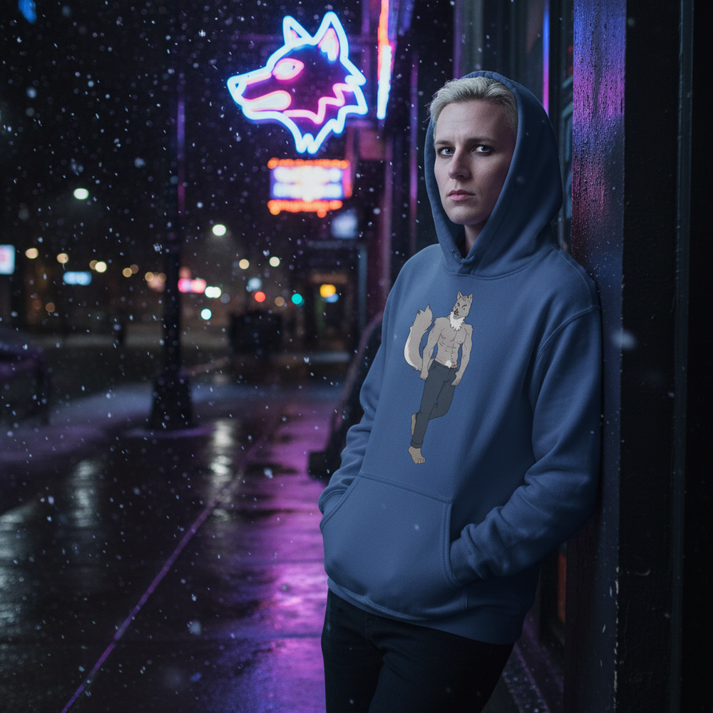 Model wearing a blue hoodie with an anthropomorphic wolf graphic in a snowy neon-lit street