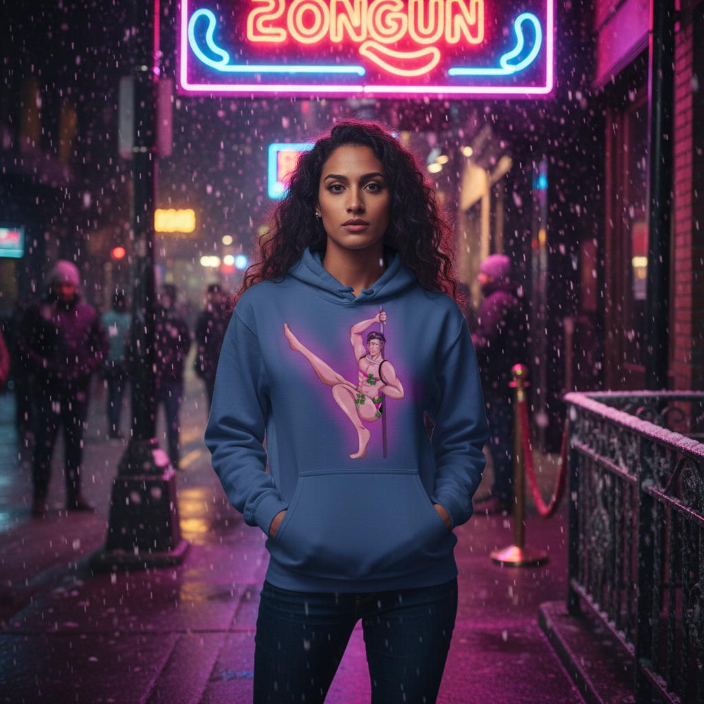 person wearing a blue hoodie with a pole-dancer graphic on a rainy neon-lit street