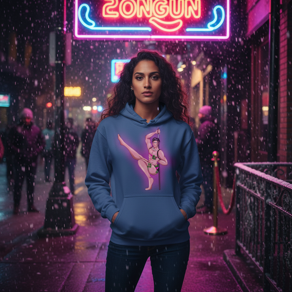 person wearing a blue hoodie with a pole-dancer graphic on a rainy neon-lit street