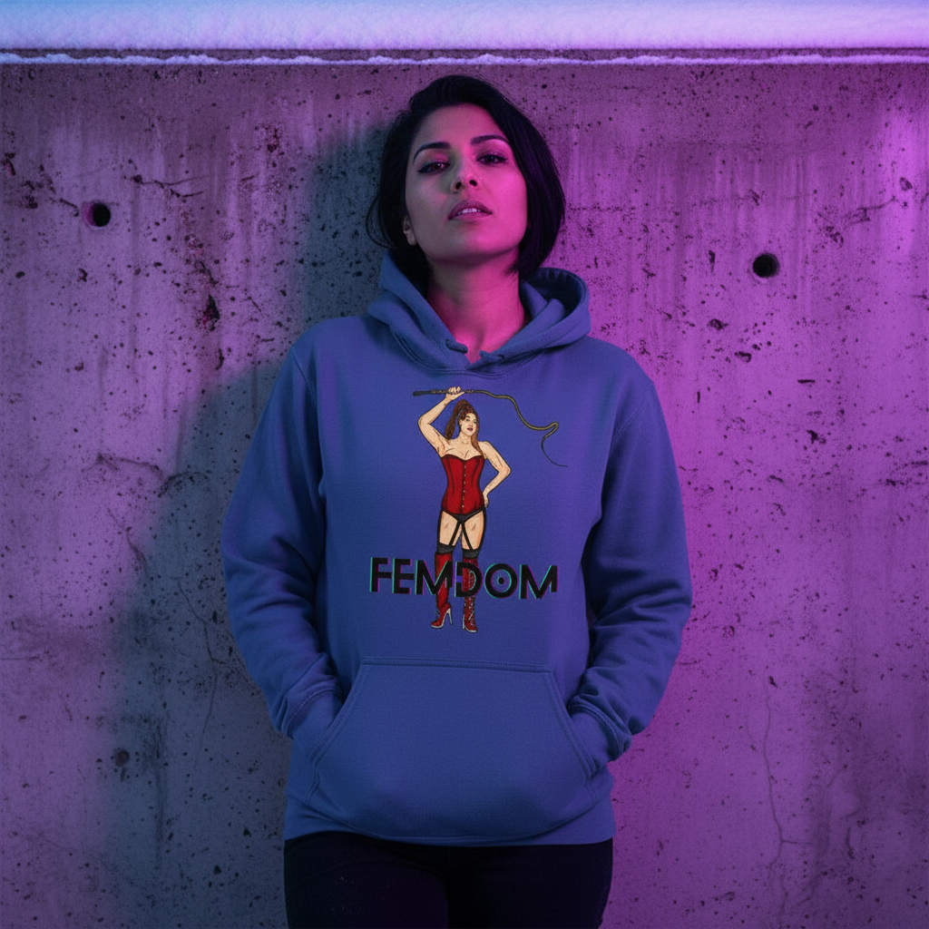 Front-facing model in a blue hoodie reading “FEMDOM,” with a pin-up figure graphic