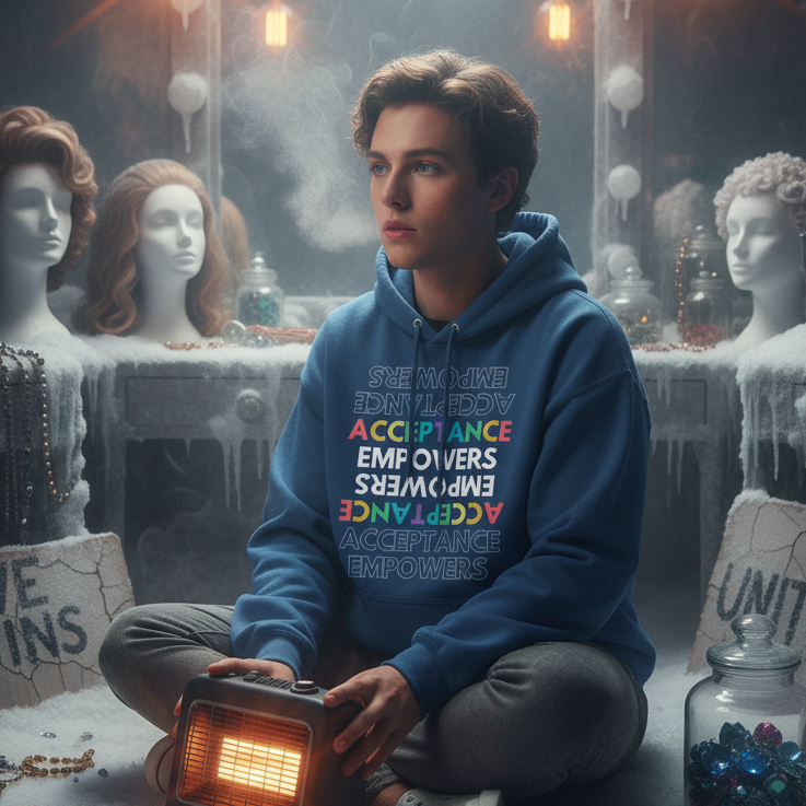 Person wearing a blue Acceptance Empowers hoodie while holding a glowing portable heater