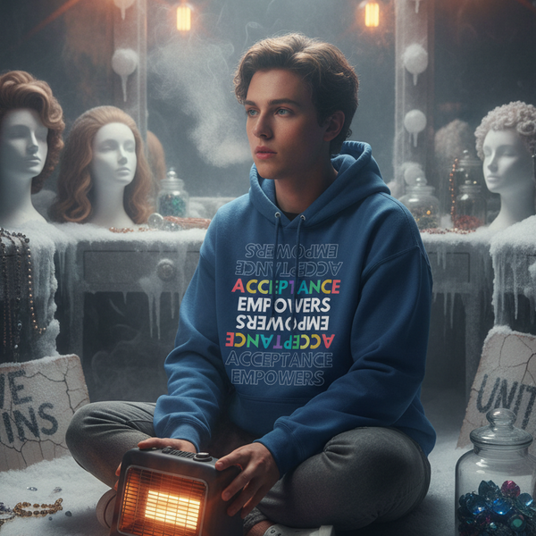 Person wearing a blue Acceptance Empowers hoodie while holding a glowing portable heater