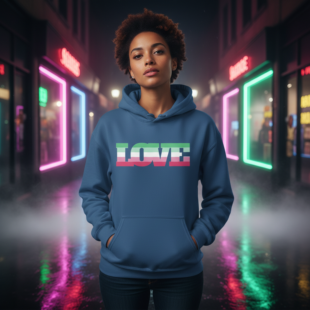 Person modeling a blue hoodie with LOVE in pastel pride stripes in a neon-lit alley