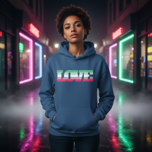 Person modeling a blue hoodie with LOVE in pastel pride stripes in a neon-lit alley