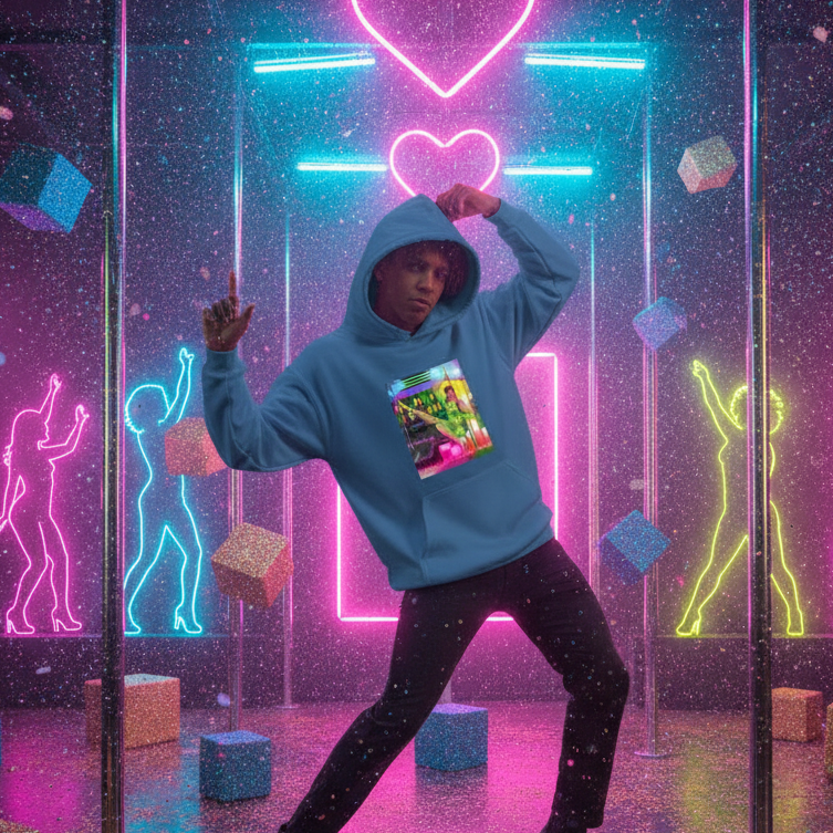 Model in a blue hooded sweatshirt poses in a neon-lit club set with a colorful chest graphic