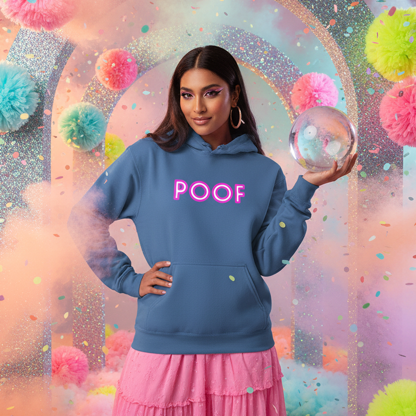 Model wearing a blue hoodie with bright pink “POOF” lettering, holding a clear orb