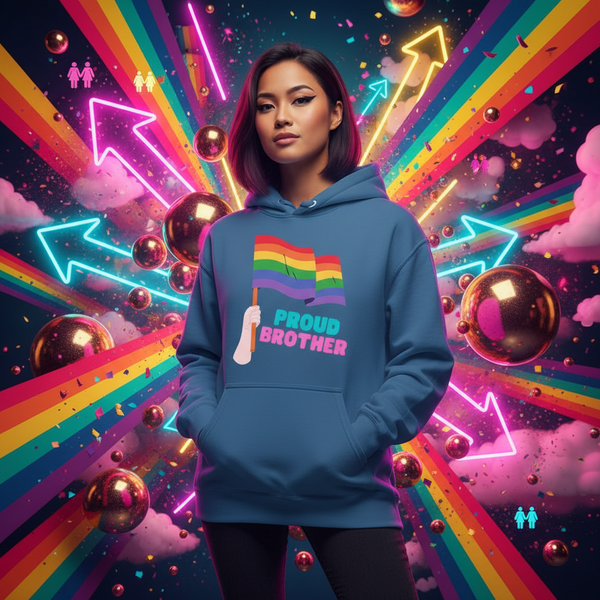 Model wearing a blue hoodie with rainbow flags and “PROUD BROTHER” text