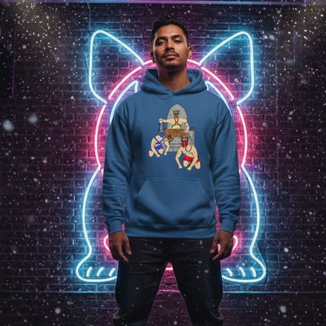 Pup Play Unisex Hoodie featuring a vintage wrestler illustration, worn by a man against a neon cat-lit wall, embodies cozy, inclusive style for empowering queer self-expression. Perfect for prideful, playful visibility.