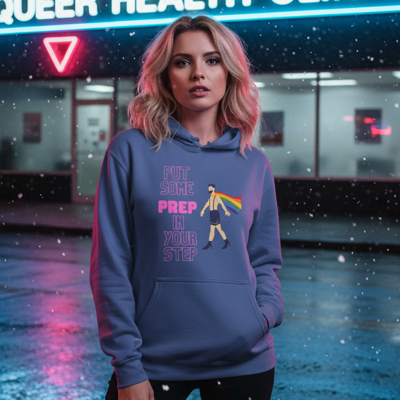 Person wearing a blue hoodie reading “PUT SOME PREP IN YOUR STEP” with a rainbow-caped figure