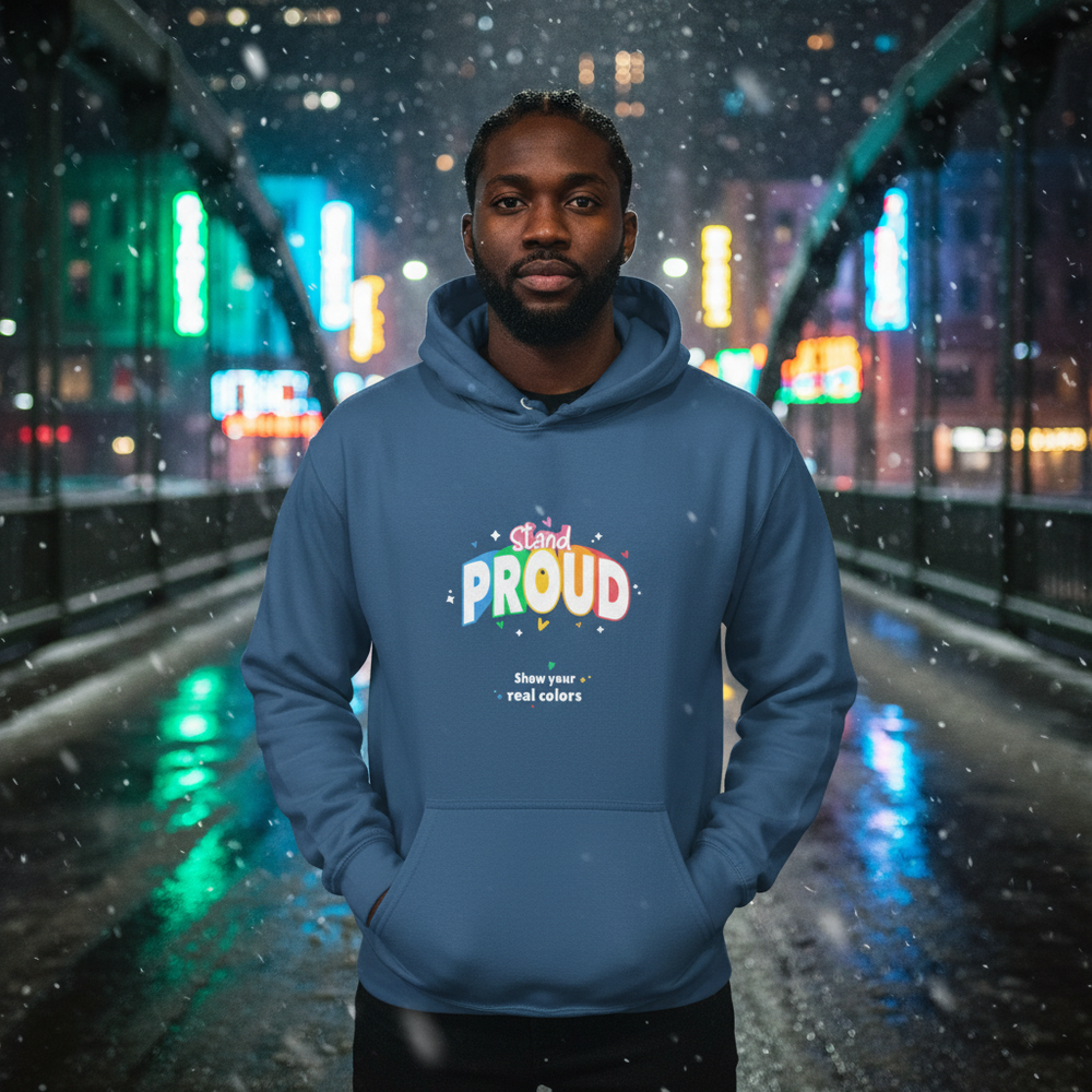 Front-facing person wears a blue hoodie reading “Stand PROUD” and “Show your real colors” in a snowy city street