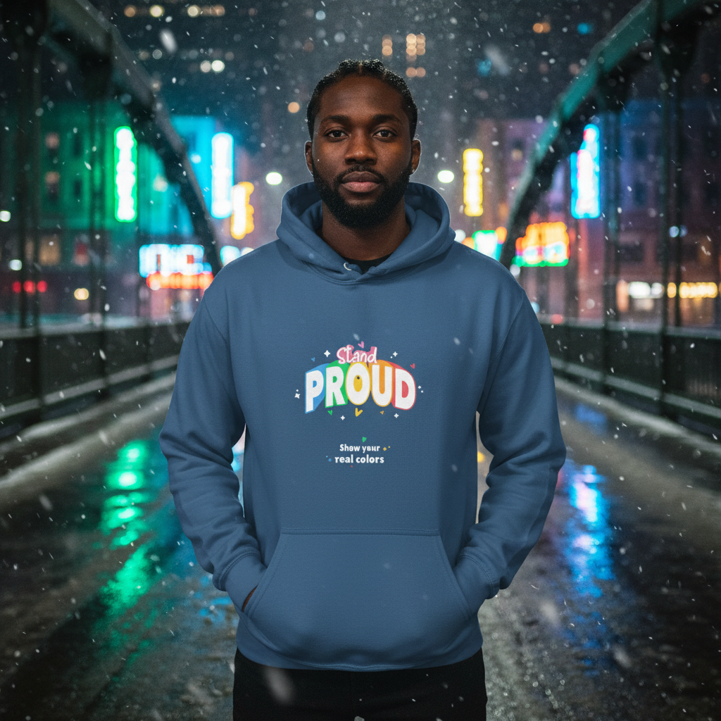 Young man on a snowy bridge wears the Stand Proud Unisex Hoodie with rainbow slogan, embodying empowerment and visibility. Neon city lights reflect the hoodie’s joyful, inclusive queer energy.