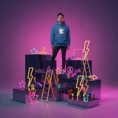 Young man wearing the You Are Not On My Level Unisex Hoodie, featuring a rainbow-maned unicorn and empowering phrase, stands among glowing neon sculptures, embodying bold queer pride and self-expression.