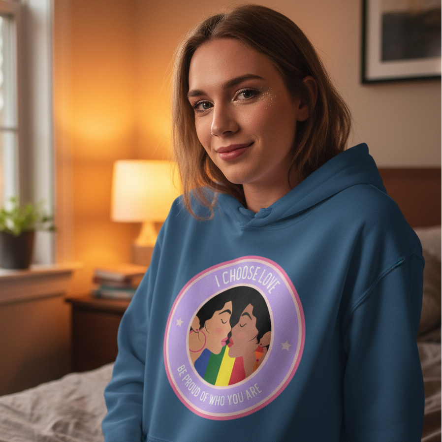 The I Choose Love Unisex Hoodie features a vibrant graphic of two women kissing against a rainbow background, promoting LGBTQIA+ pride and self-expression. Perfect for cozy, empowering moments.