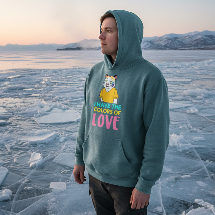A young man stands on ice wearing the I Have the Color of Love Unisex Hoodie, showcasing a vibrant rainbow tiger head design, embodying pride, self-expression, and inclusivity in a cozy, stylish garment.