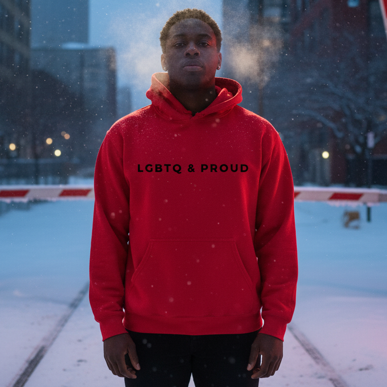 A young person stands in a snowy urban landscape wearing the LGBTQ & Proud Unisex Hoodie, showcasing bold, empowering self-expression with its soft, cozy fabric perfect for prideful, inclusive visibility and comfort.