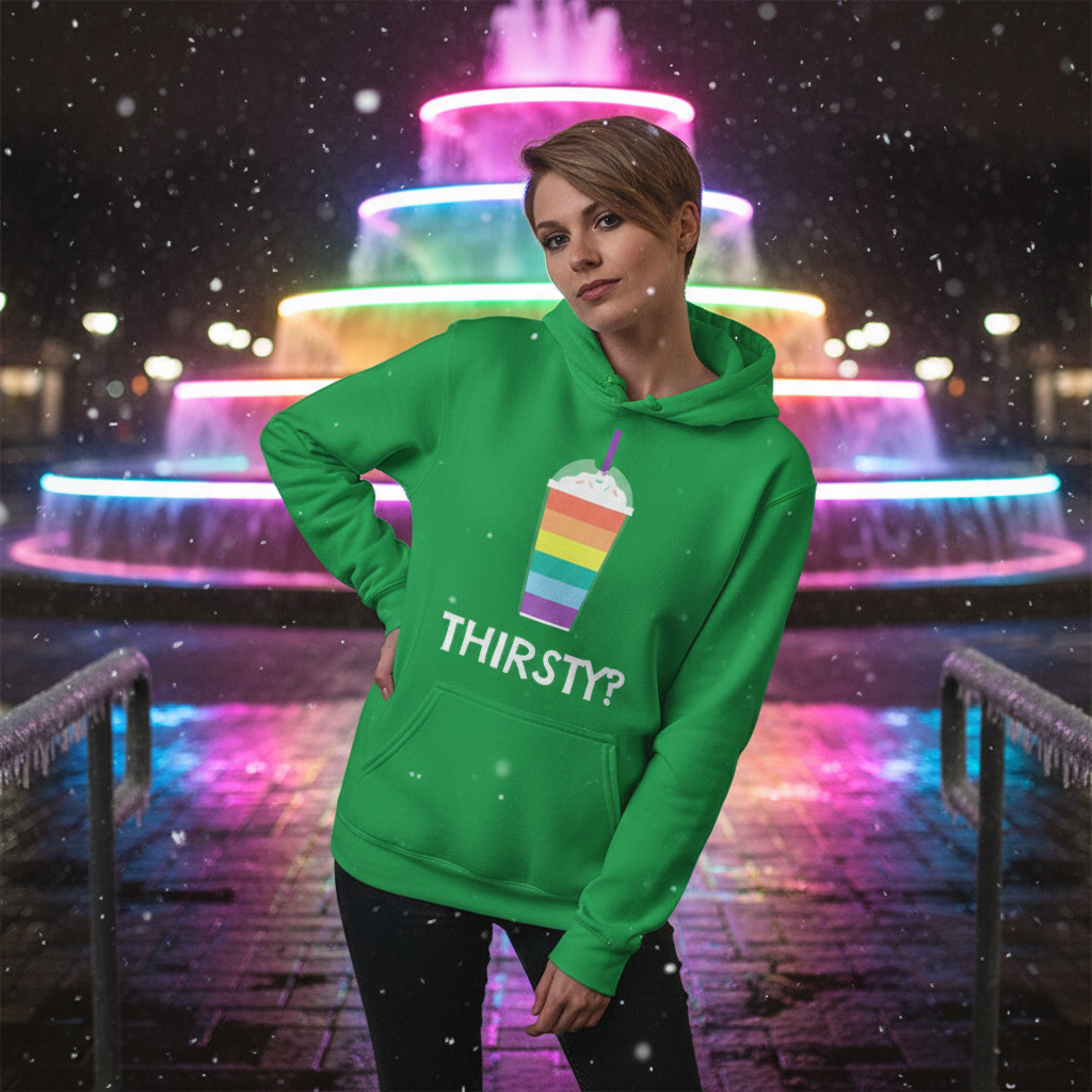 Green hoodie with rainbow popsicle graphic and “THIRSTY?” text, worn in front of neon lights