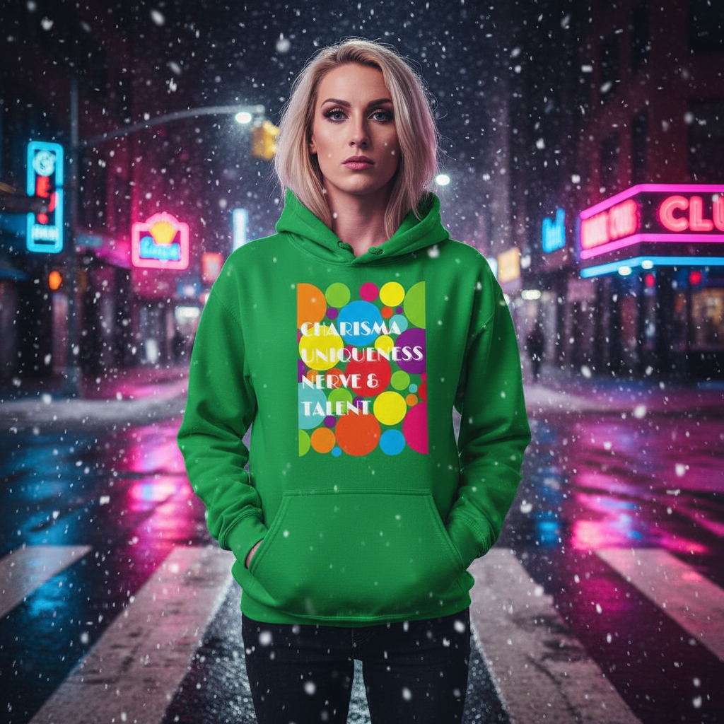 Young adult on a city street at night, wearing a Charisma Uniqueness Nerve & Talent Unisex Hoodie, featuring vibrant overlapping circles. Snow falls, neon lights reflect, capturing a bold, prideful expression.
