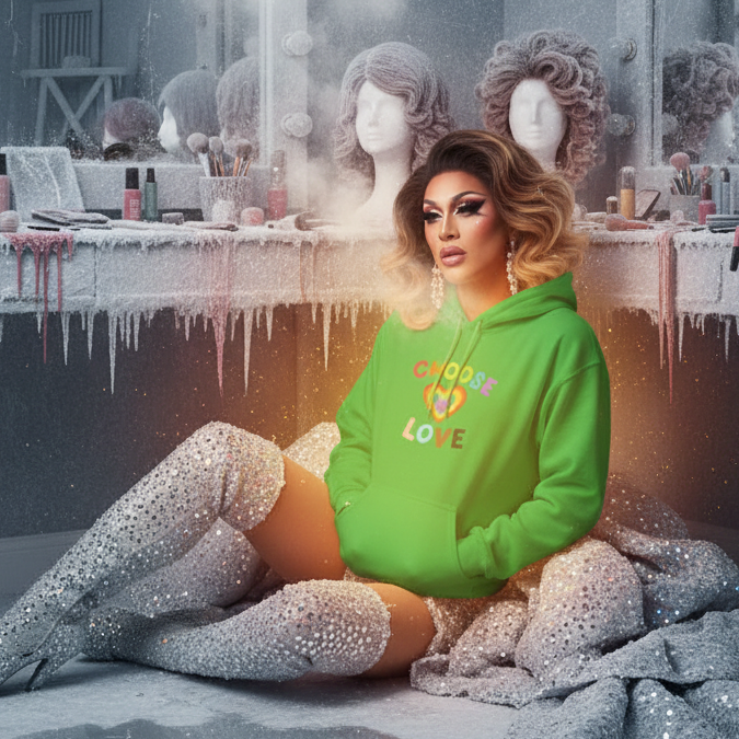 Drag performer seated in a bright green “CHOOSE LOVE” hoodie and sparkling thigh-high boots