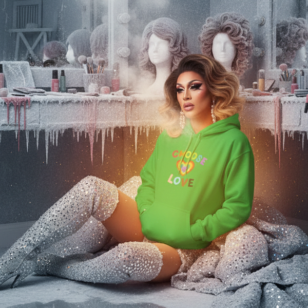 Drag performer seated in a bright green “CHOOSE LOVE” hoodie and sparkling thigh-high boots