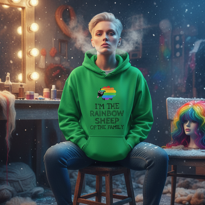 Platinum-blond model seated in a green hoodie reading “I'M THE RAINBOW SHEEP OF THE FAMILY”