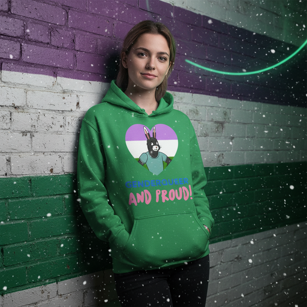 Person wearing a green hoodie with a rabbit heart graphic and “Genderqueer and Proud!” text
