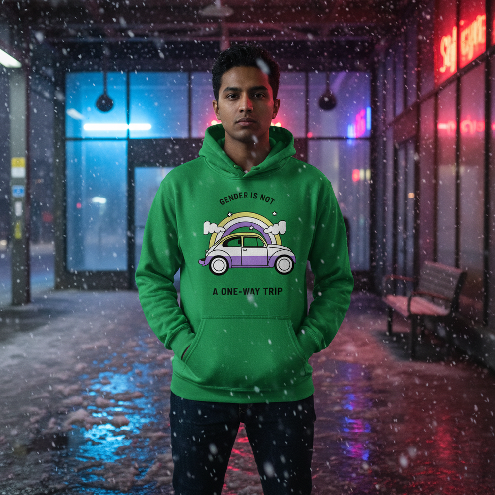 Model wearing a green hoodie with a rainbow car graphic and “GENDER IS NOT A ONE-WAY TRIP” text