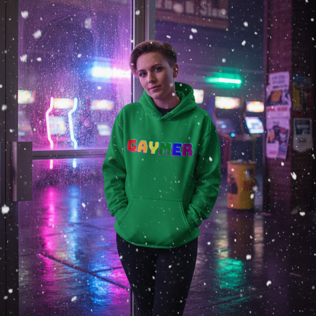 Person wearing a green hoodie with rainbow GAYMER lettering outside a neon-lit arcade