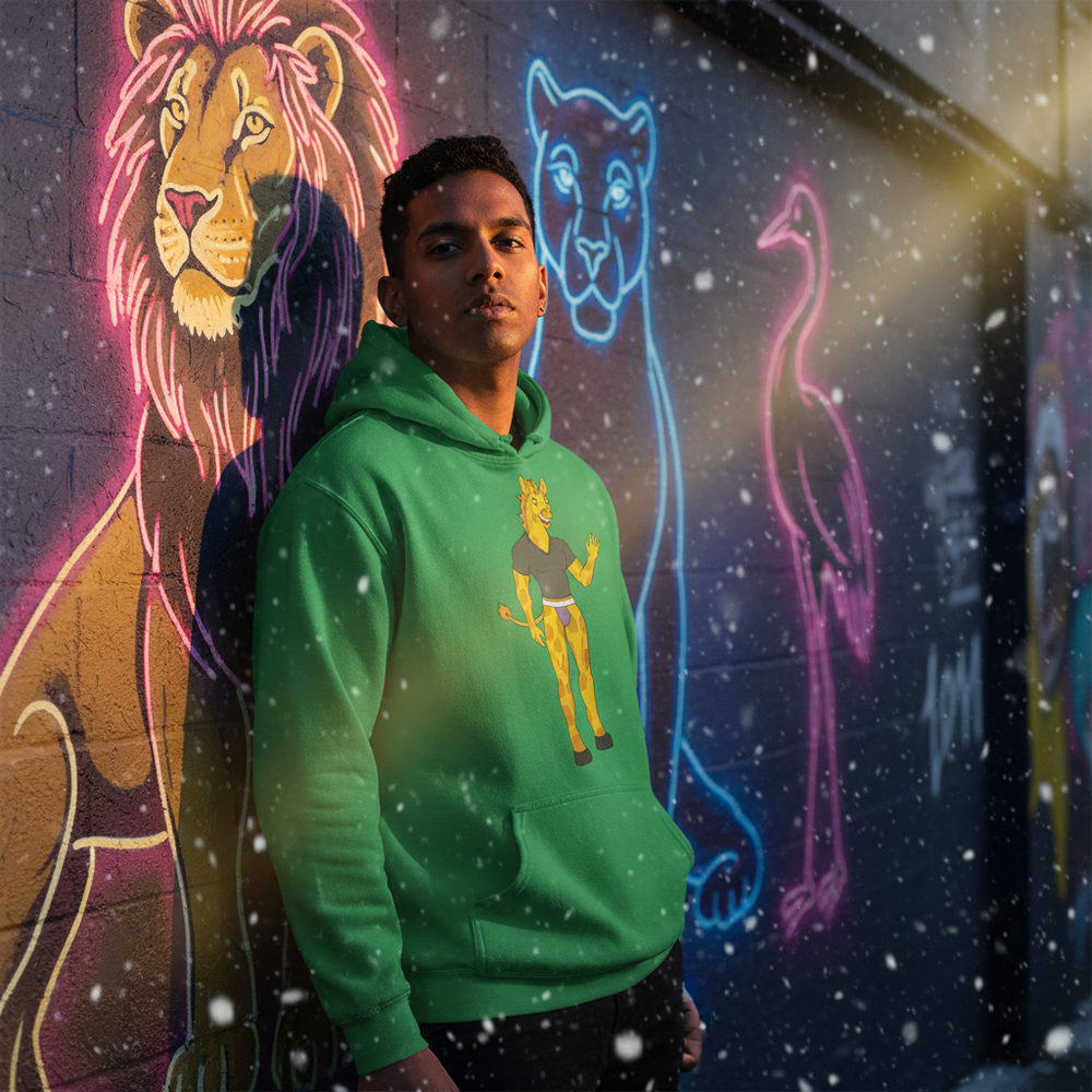 Model wearing a green hoodie with a cartoon giraffe character, posed by a neon animal mural