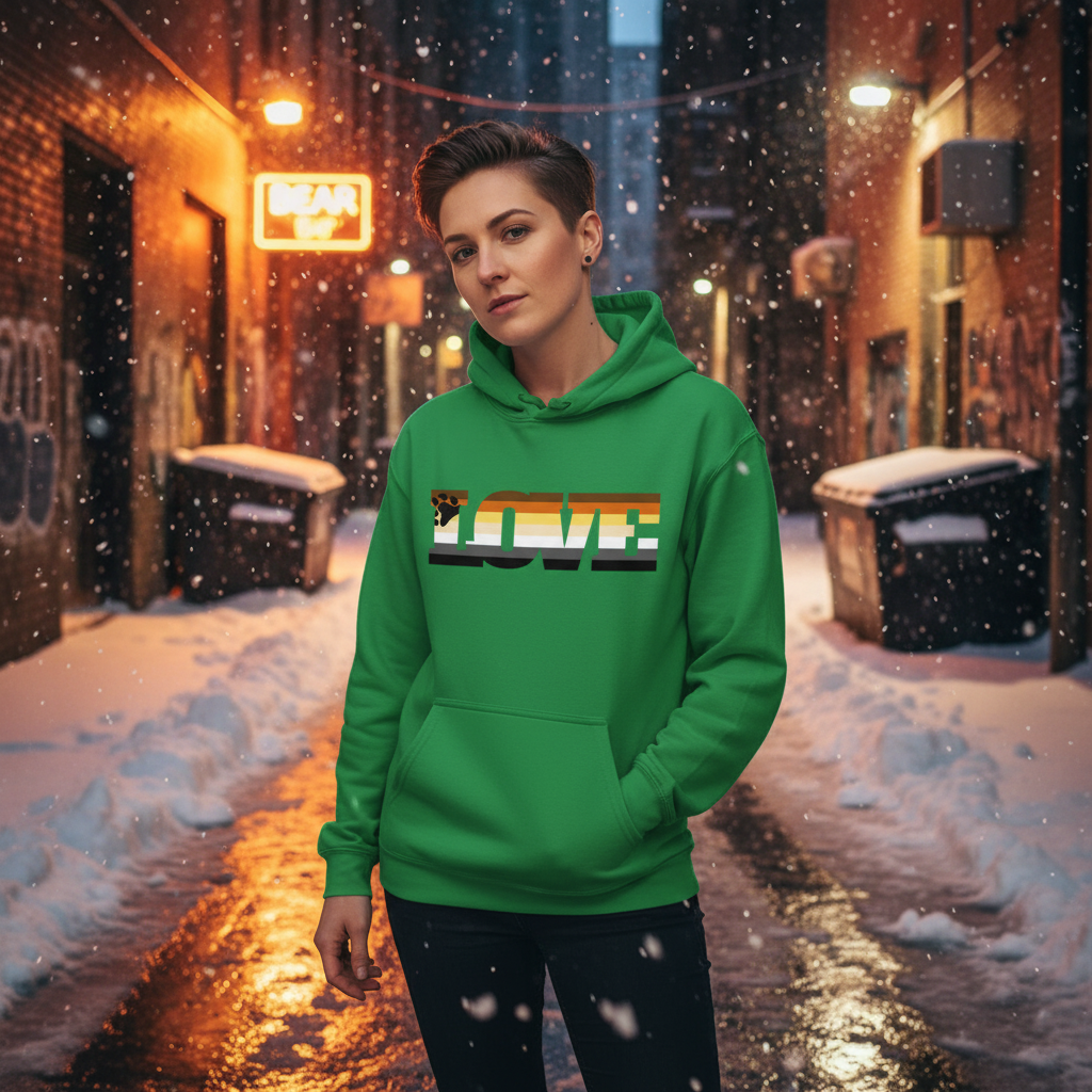 A young person in a snow-dusted alley wears the Gay Bear Love Unisex Hoodie, featuring LOVE filled with bear-pride colors. Perfect for cozy, prideful self-expression in cooler weather.