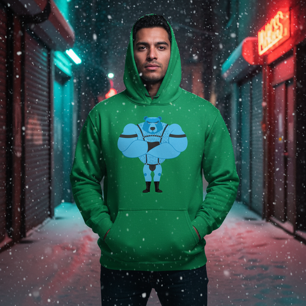 Person wearing a green hoodie with a blue muscular bear graphic in a snowy neon-lit alley
