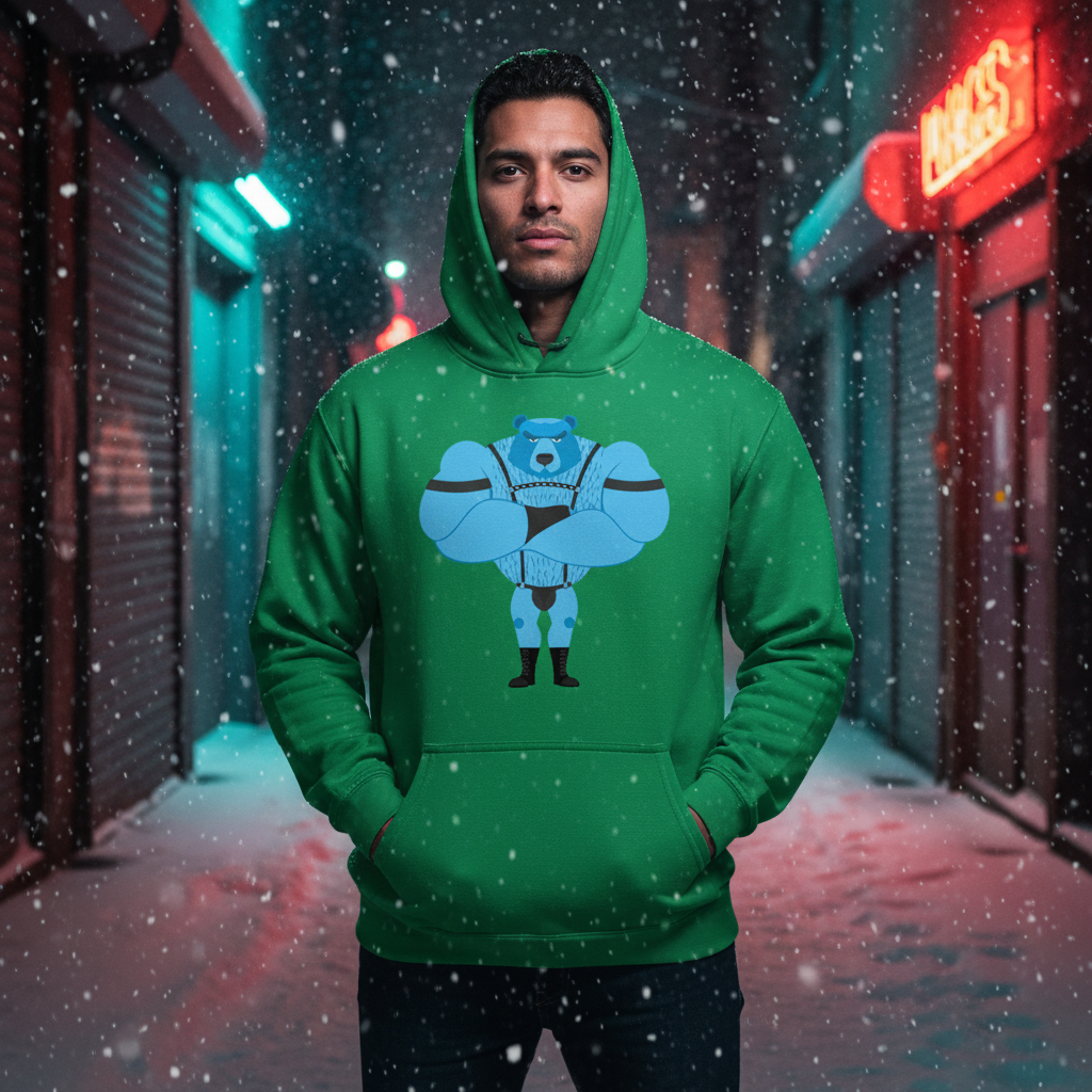 Young man wears the Fetish Gay Bear Unisex Hoodie, featuring a muscular blue bear graphic, standing confidently in a snow-dusted alley, illuminated by moody neon lights, embodying bold, joyful queer pride.